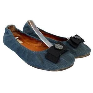 Lanvin x Acne Blue Denim Grosgrain Bow Ballet Flats Ballerinas Women's Shoes